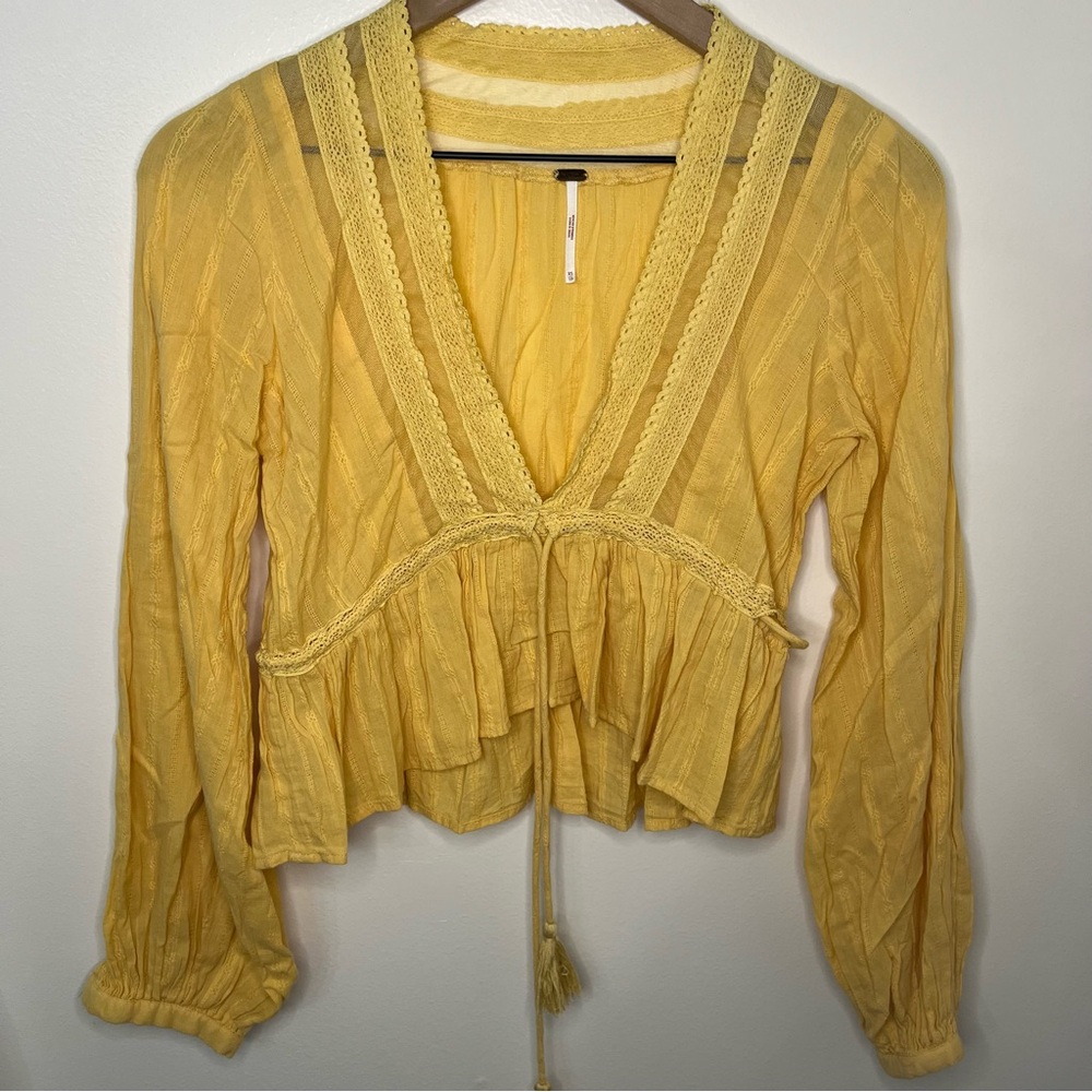 Free People Boho Blouse Long sleeve Yellow Small XS Fall Tie Front Tassels